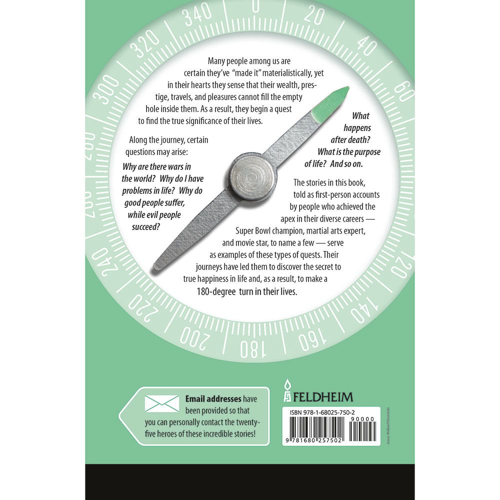 Back cover of 180 Degrees - Twenty Five Amazing True Stories by Avraham Leib Berenstein, with the summary and barcode