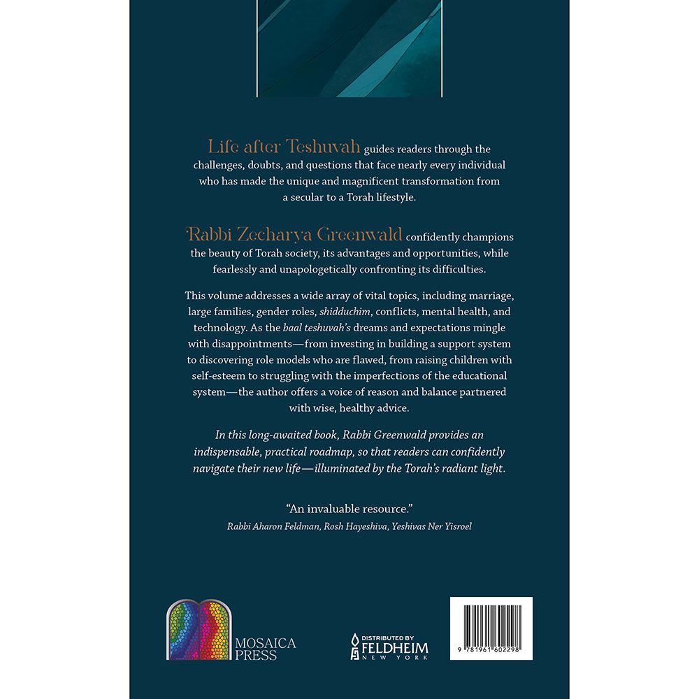 Back cover of Life after Teshuvah by Rabbi Zecharya Greenwald, with the summary and barcode