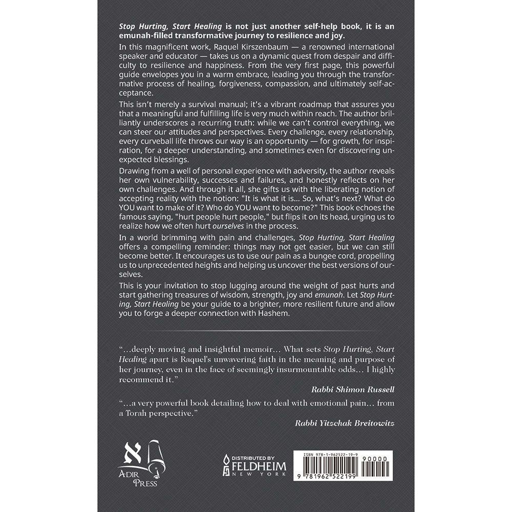 Back cover of Stop Hurting, Start Healing by Raquel Kirszenbaum, with the summary and barcode