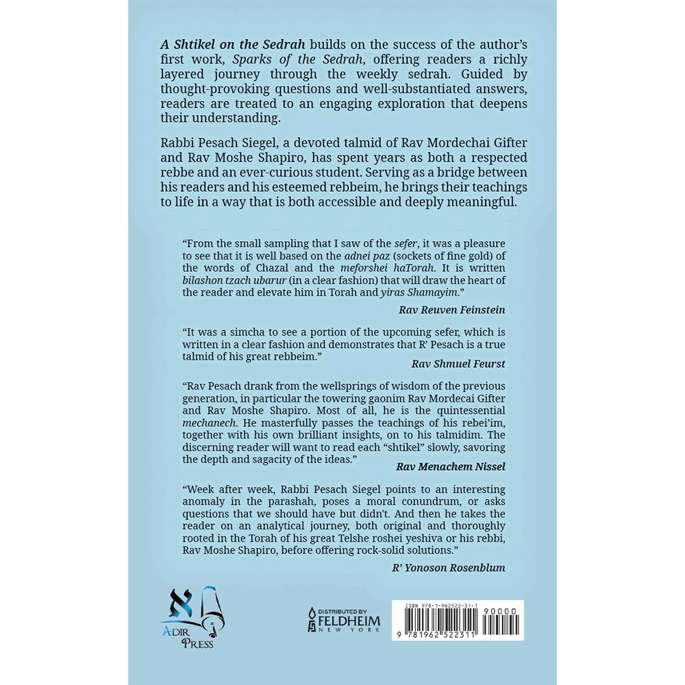Back cover of A Shtikel on the Sedrah by Rabbi Pesach Siegel, with the summary and barcode