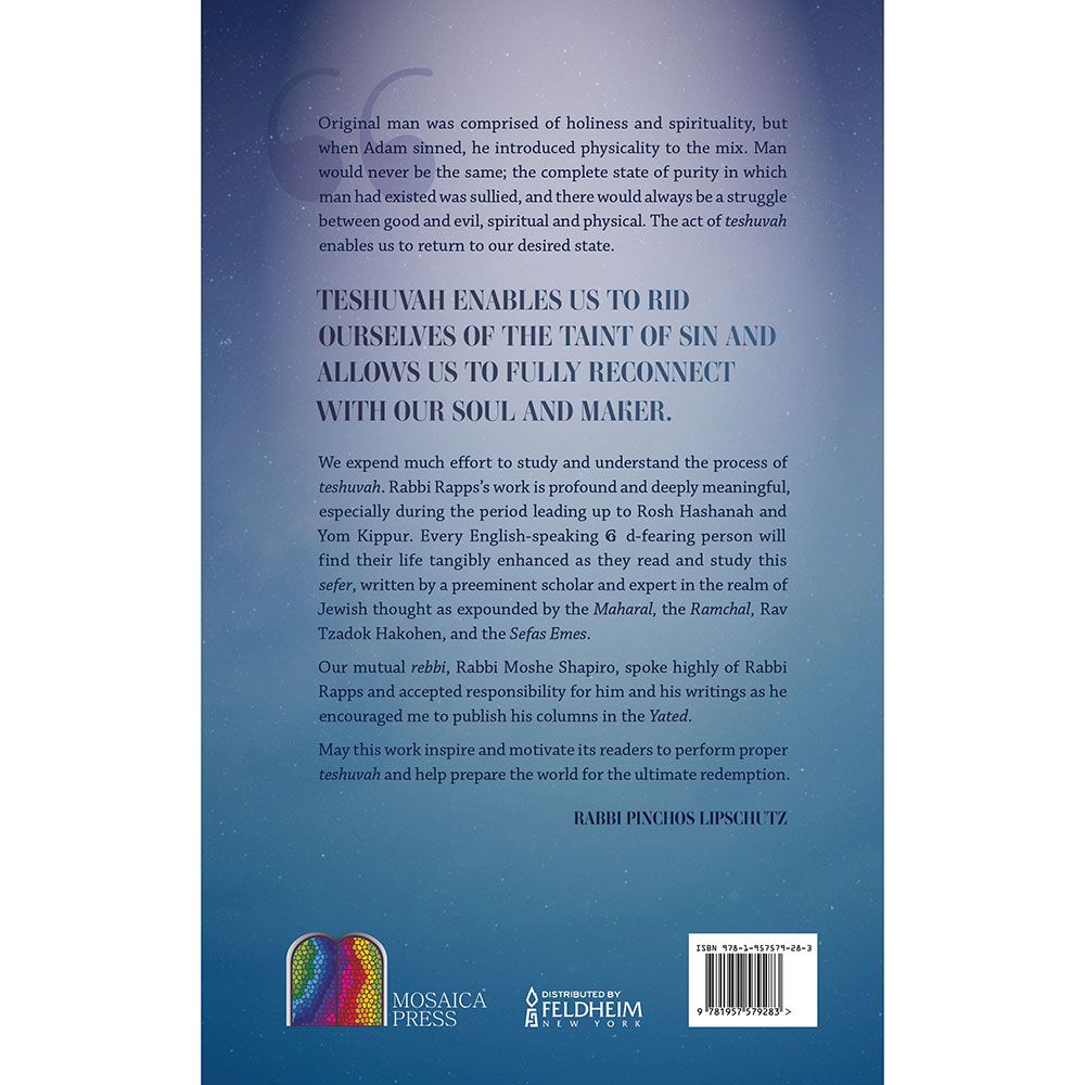 Back cover of The Secret of Teshuvah: Building From the Heart by Rabbi Ahron Rapps, with the summary and barcode