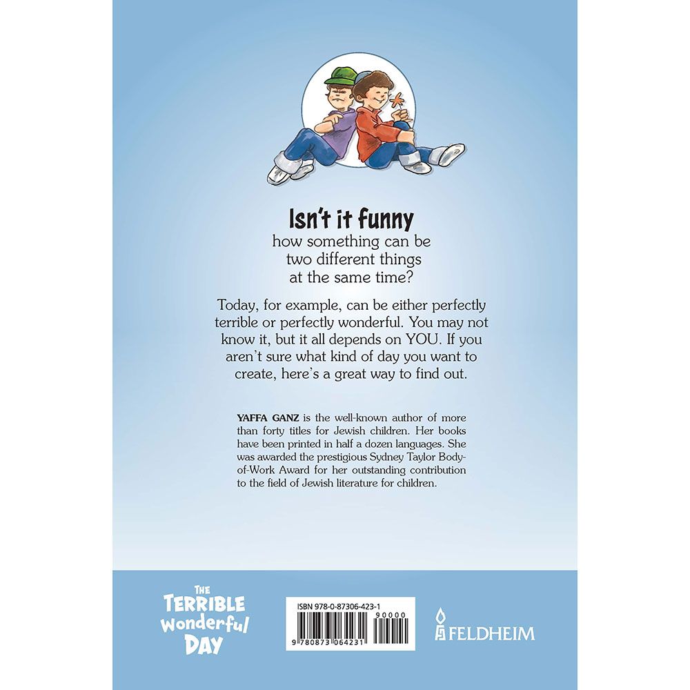 Back cover of The Terrible Wonderful Day by Yaffa Ganz, with the summary and barcode