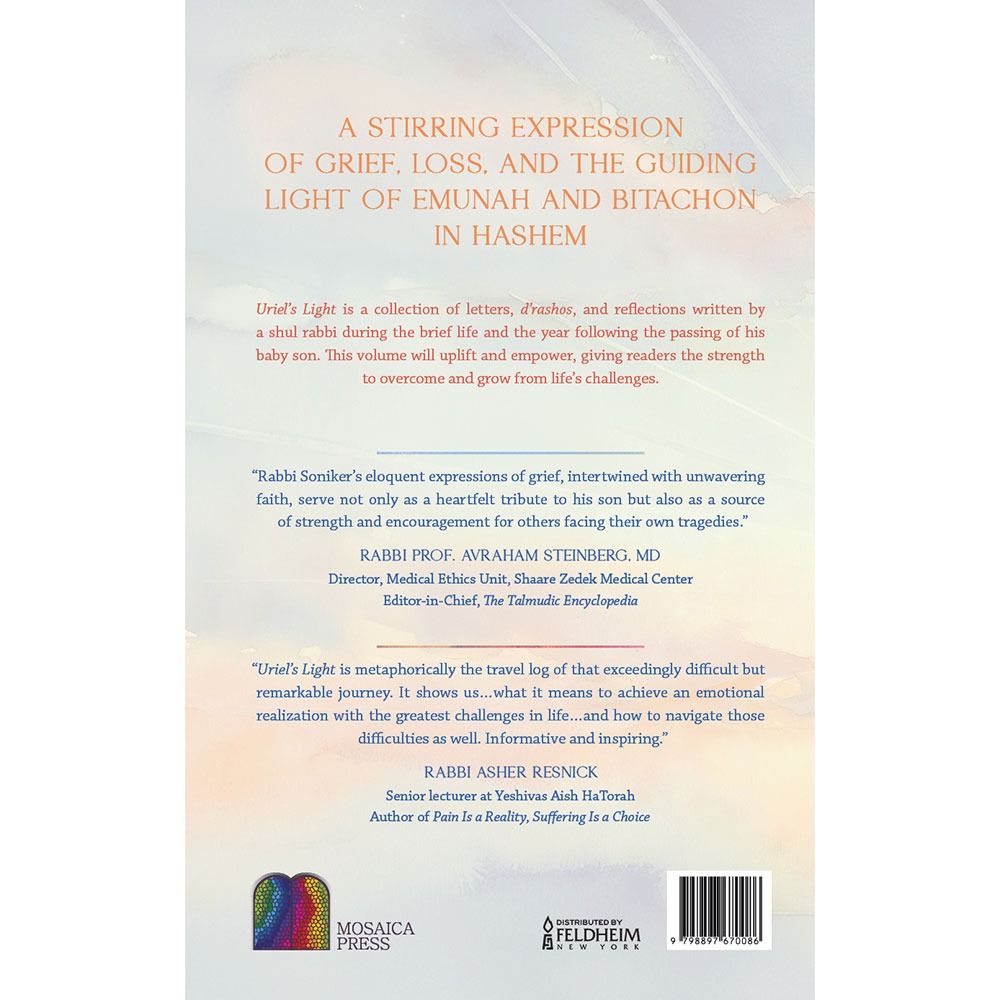 Back cover of Our Son Uriel's Light by Rabbi Elon Soniker, with the summary and barcode