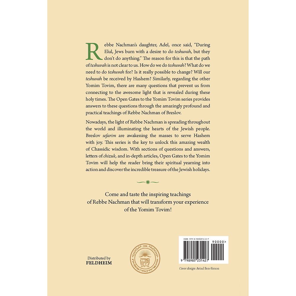 Back cover of Open Gates to Elul, The Yomim Nora'im, and Succos, with the summary and barcode