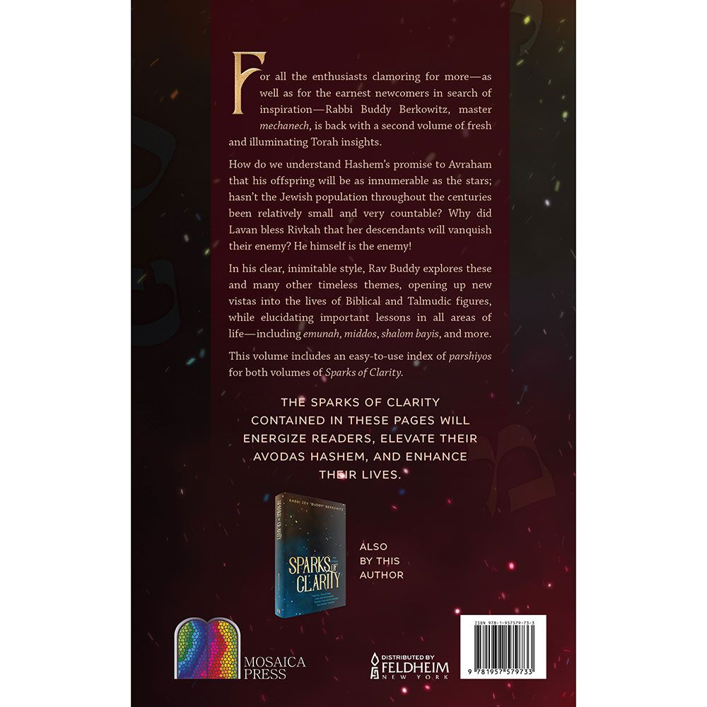Back cover of Sparks of Clarity Volume 2 by Rabbi Zev "Buddy" Berkowitz, with the summary and barcode