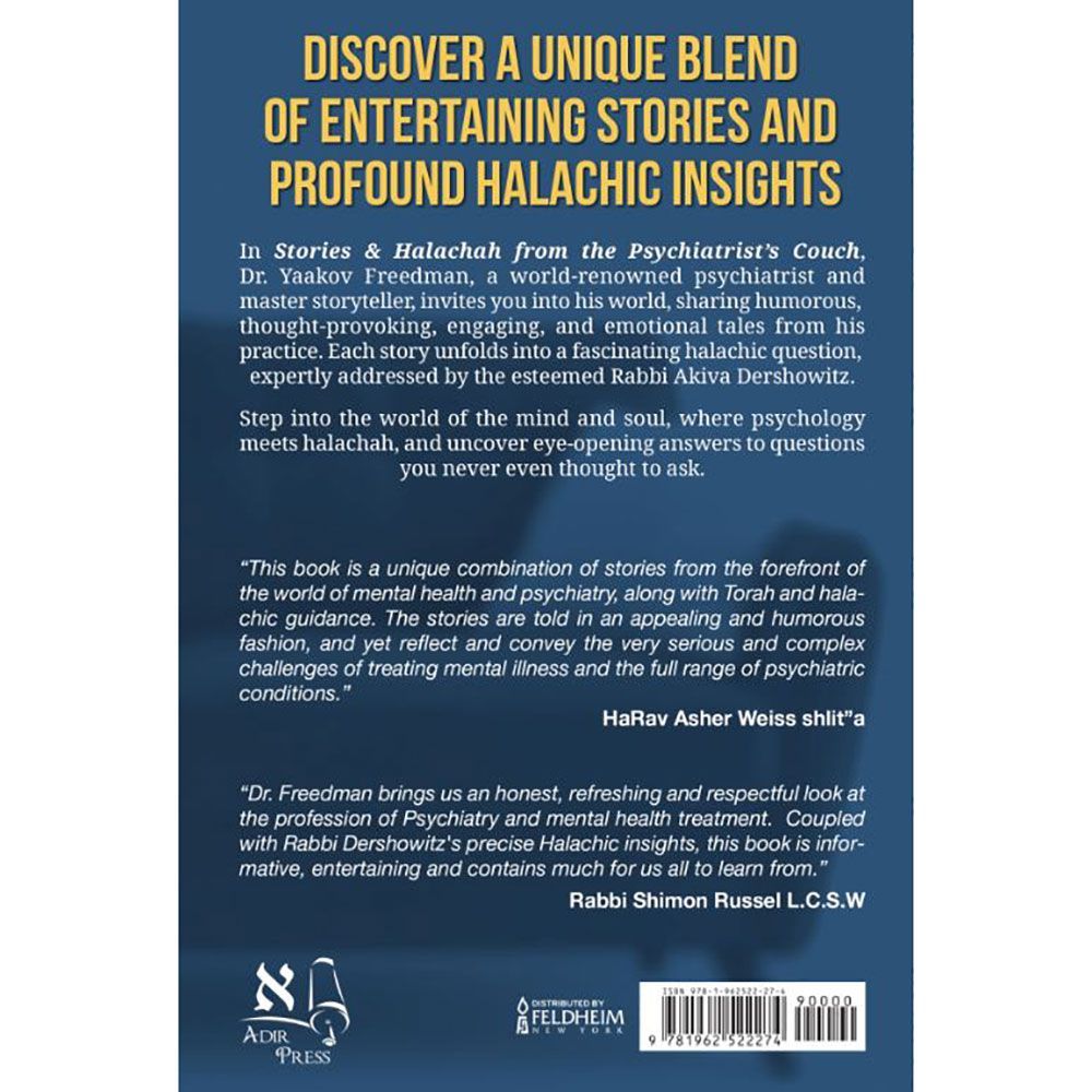 Back cover of Stories & Halachah from the Psychiatrist's Couch, with the summary and barcode