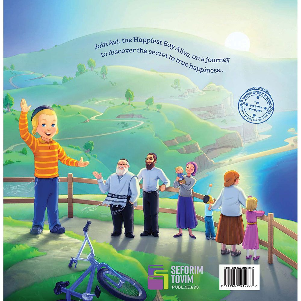 Back cover of Avi, The Happiest Boy Alive by Tovi Baron, with the summary and barcode