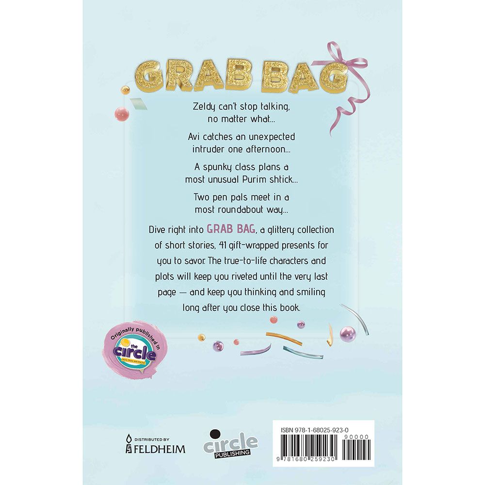 Back cover of Grab Bag: A Glittery Collection of Gift-Wrapped Stories by M Jakubowicz, with the summary and barcode