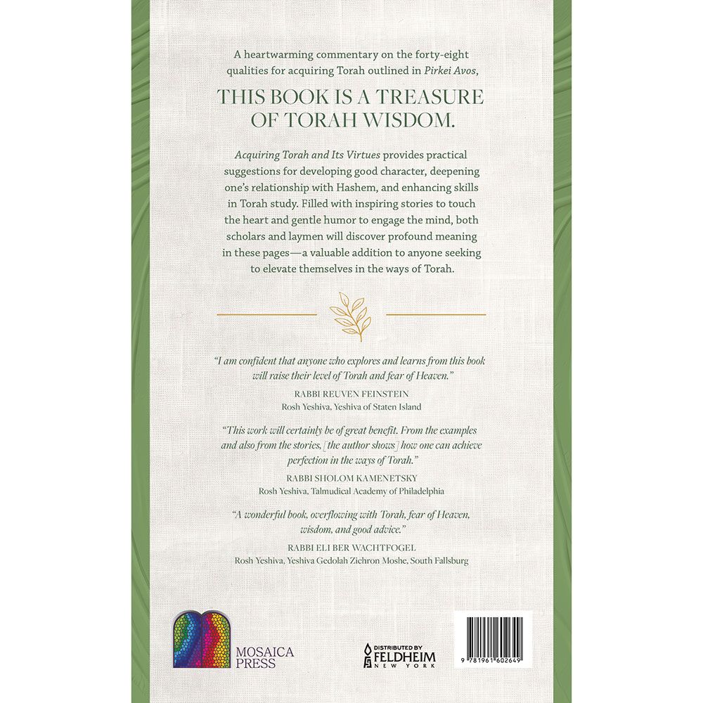 Back cover of Acquiring Torah and its Virtues by Rabbi Avrohom Yaakov Rodkin, with the summary and barcode