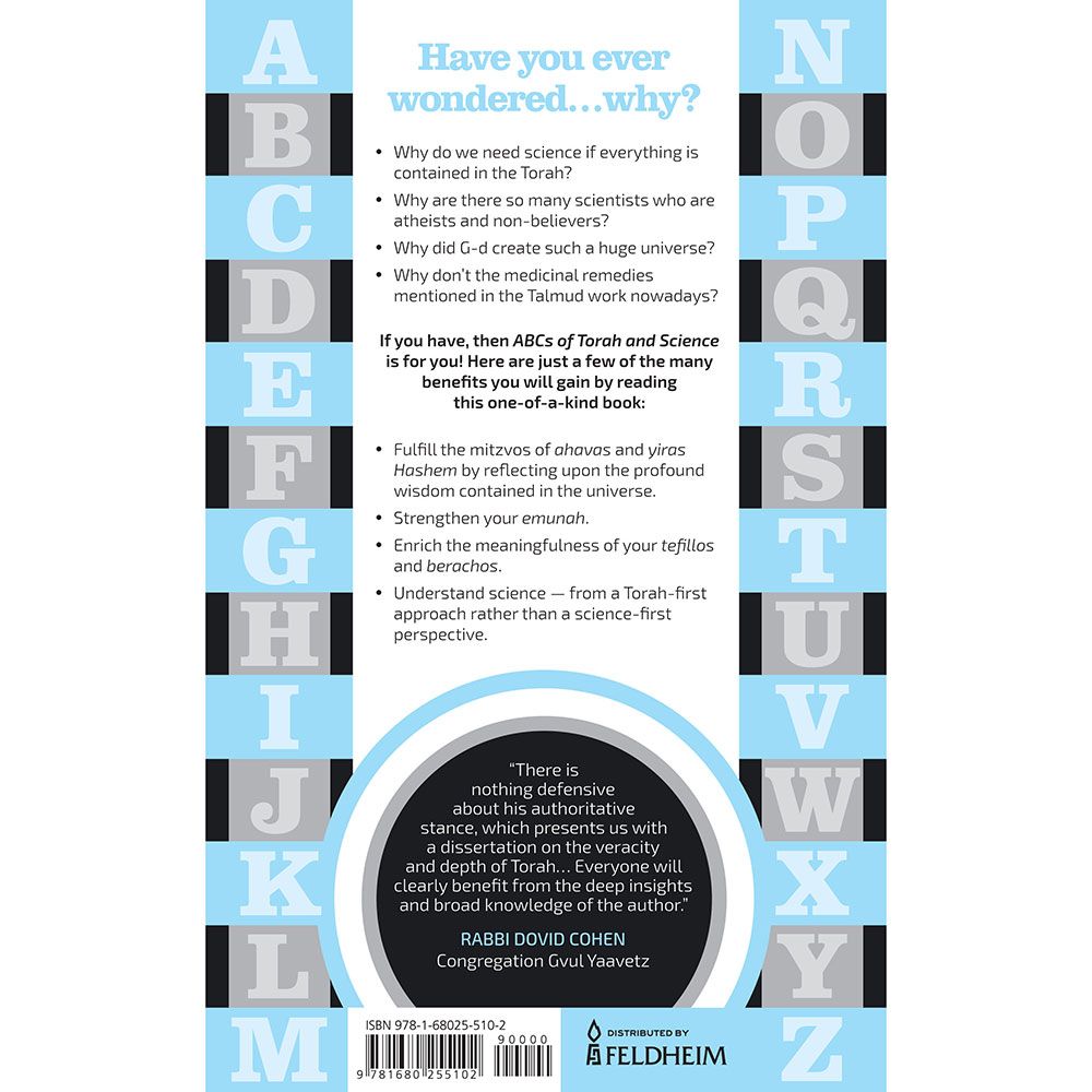 Back cover of ABCs of Torah and Science by Rabbi Dr. Chaim Presby, with the summary and barcode