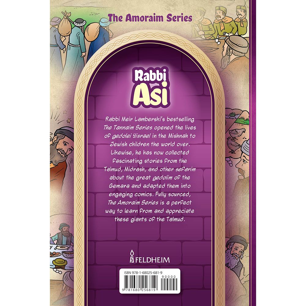 Back cover of Amoraim Series: Rabbi Asi by Meir Lamberski, with the summary and barcode