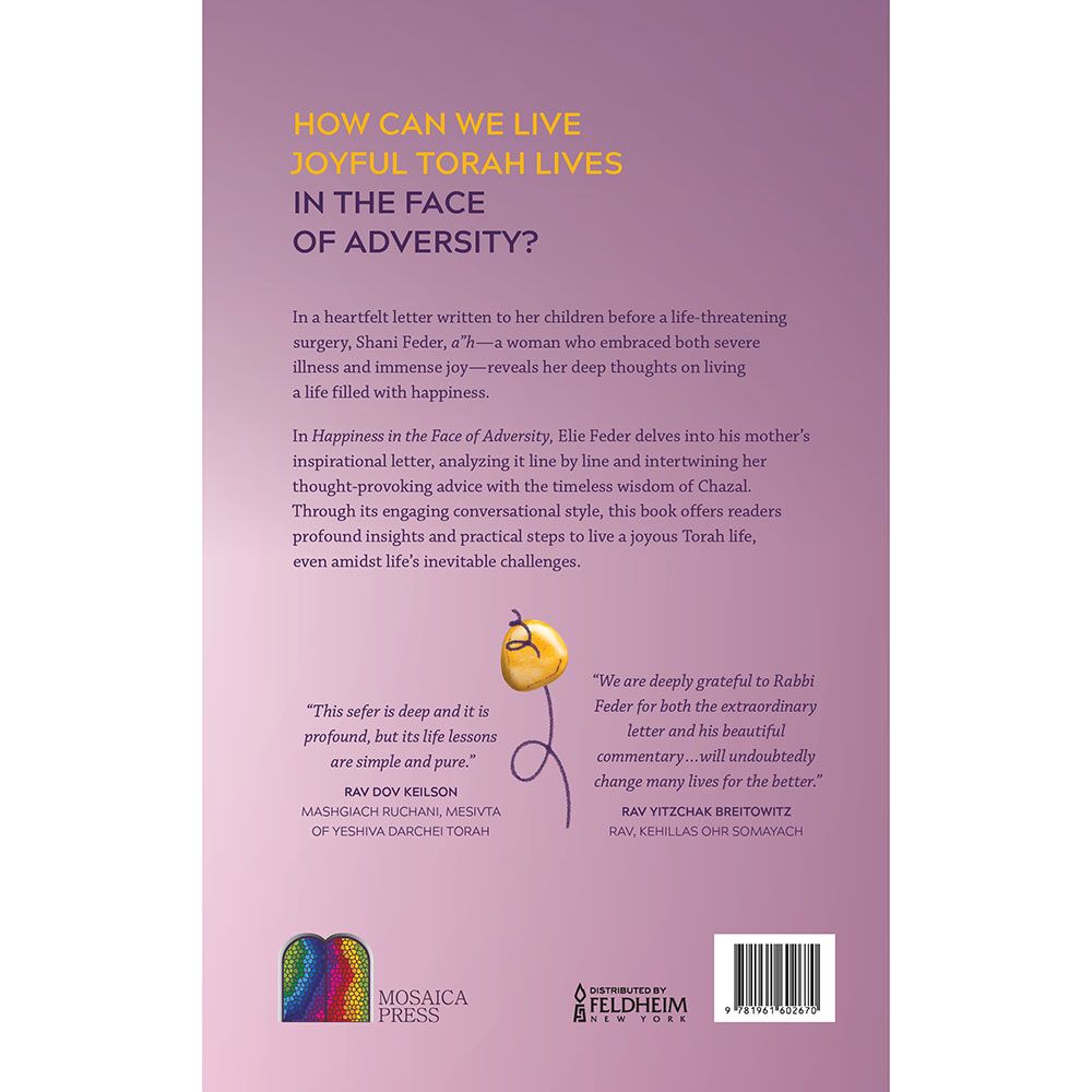 Back cover of Happiness in the Face of Adversity by Rabbi Elie Feder, PhD, with the summary and barcode