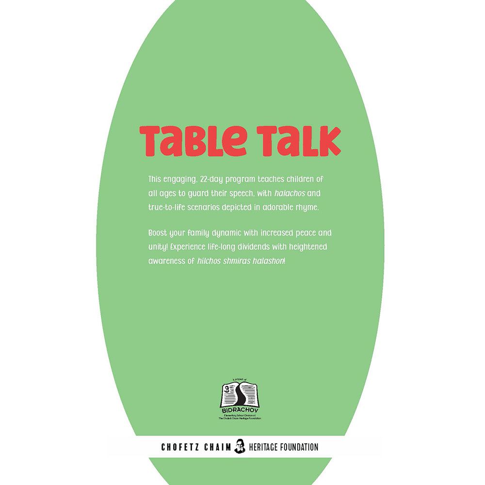 Back cover of Table Talk: A Home-Based Shmiras Haloshon Program (with CD/USB), with the summary and barcode