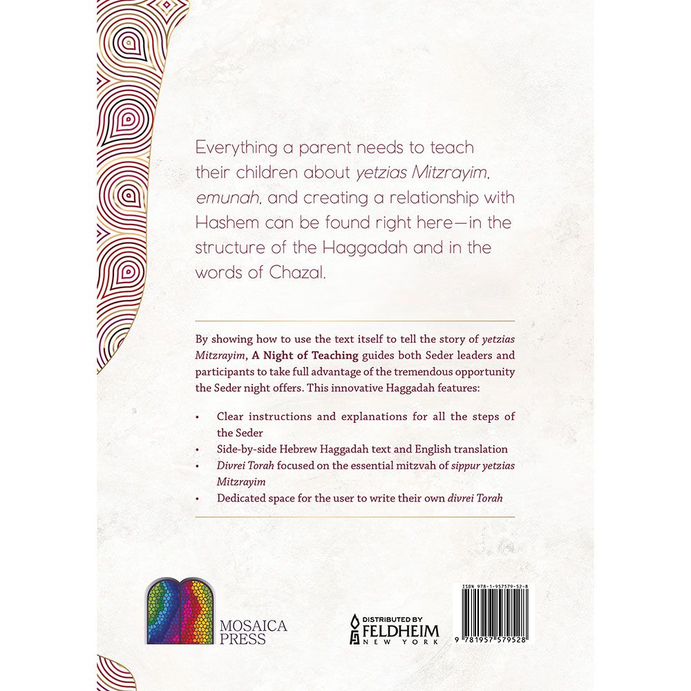 Back cover of A Night of Teaching Haggadah by Rabbi Isaac Rice, with the summary and barcode