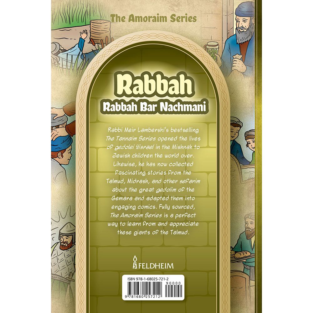 Back cover of Amoraim Series: Rabbah by Meir Lamberski, with the summary and barcode