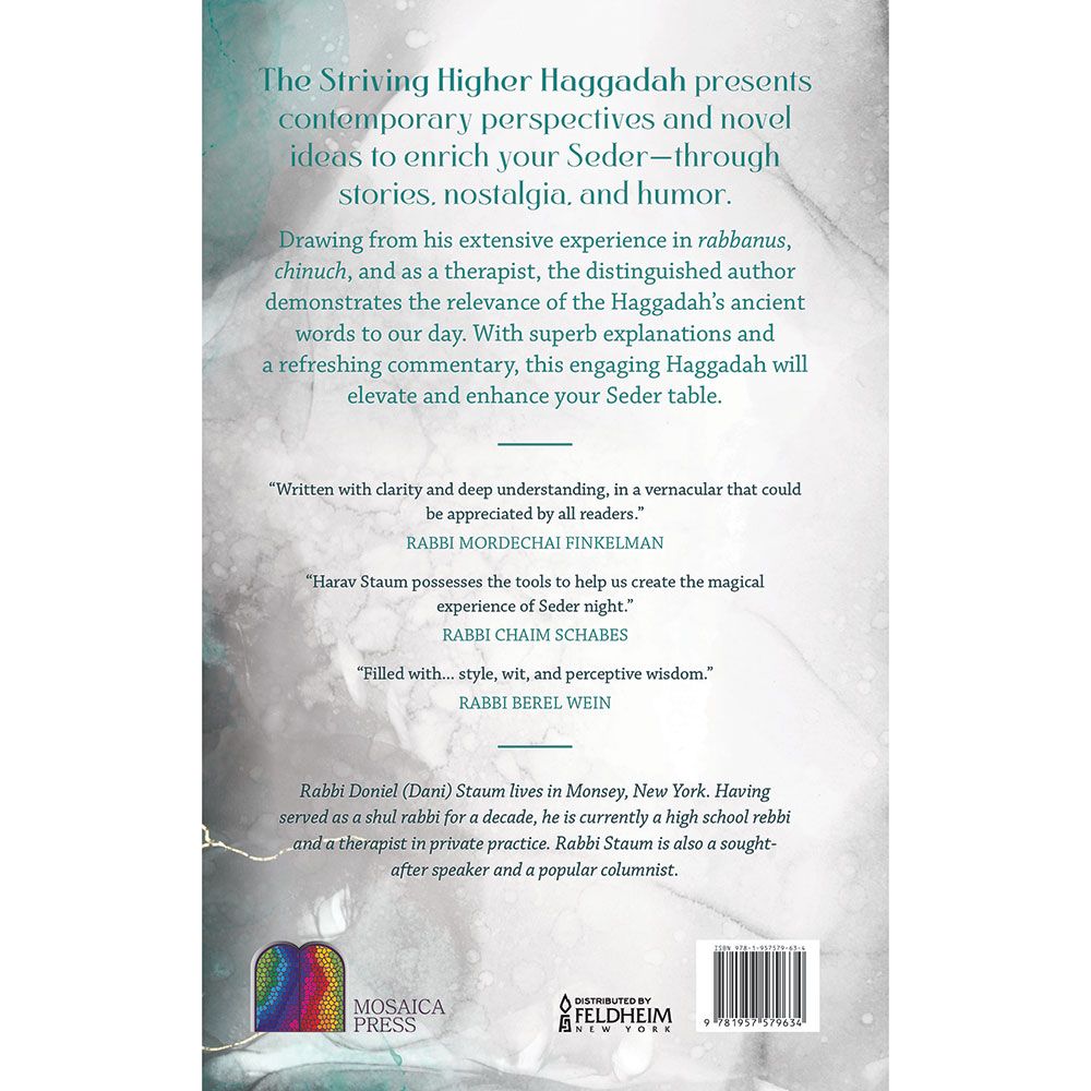 Back cover of The Striving Higher Haggadah by Rabbi Doniel Staum, with the summary and barcode