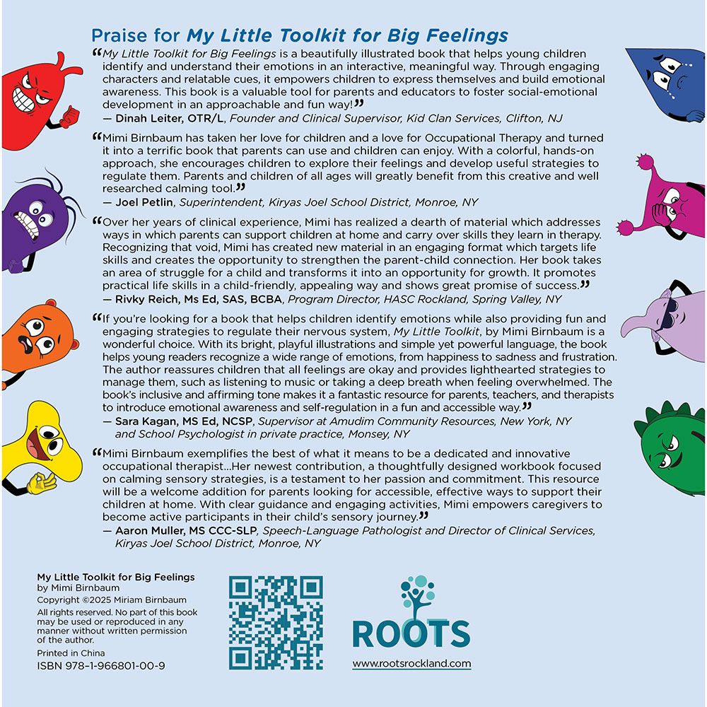 Back cover of My Little Toolkit for Big Feelings by Mimi Birnbaum, OTR, L, with the summary and barcode