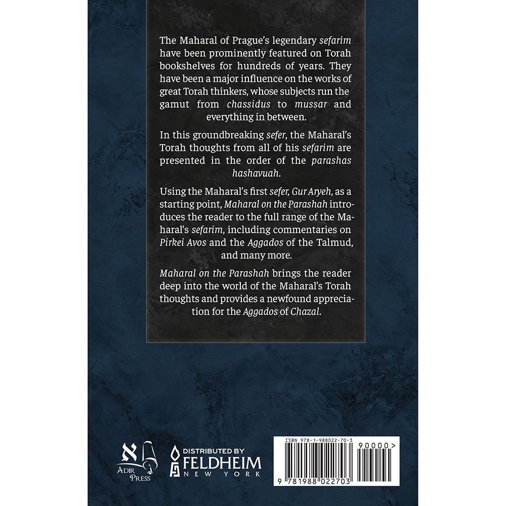 Back cover of Maharal on the Parshah by Rabbi Chaim Brown, with the summary and barcode