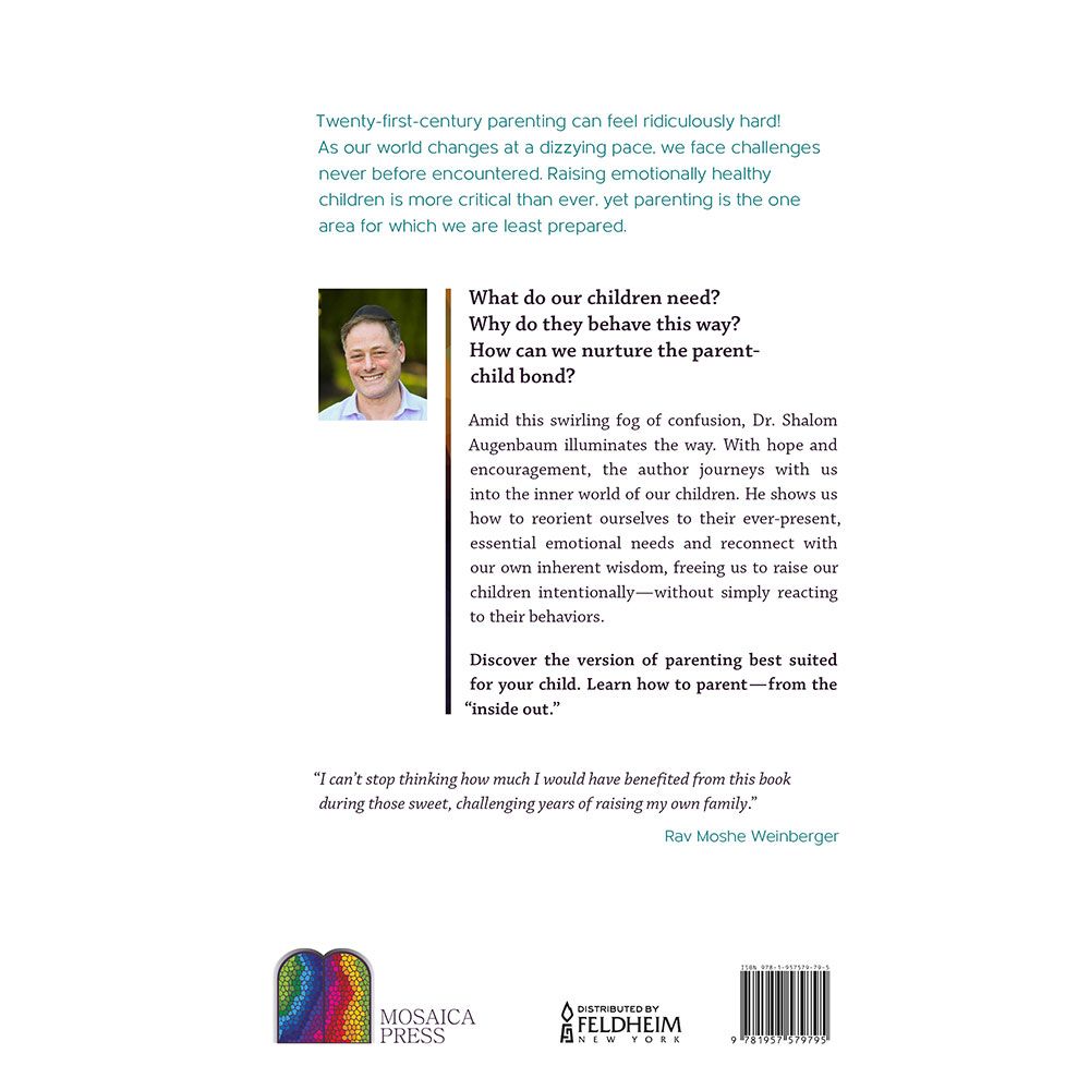 Back cover of Inside-Outside Parenting by Dr. Shalom Augenbaum, with the summary and barcode