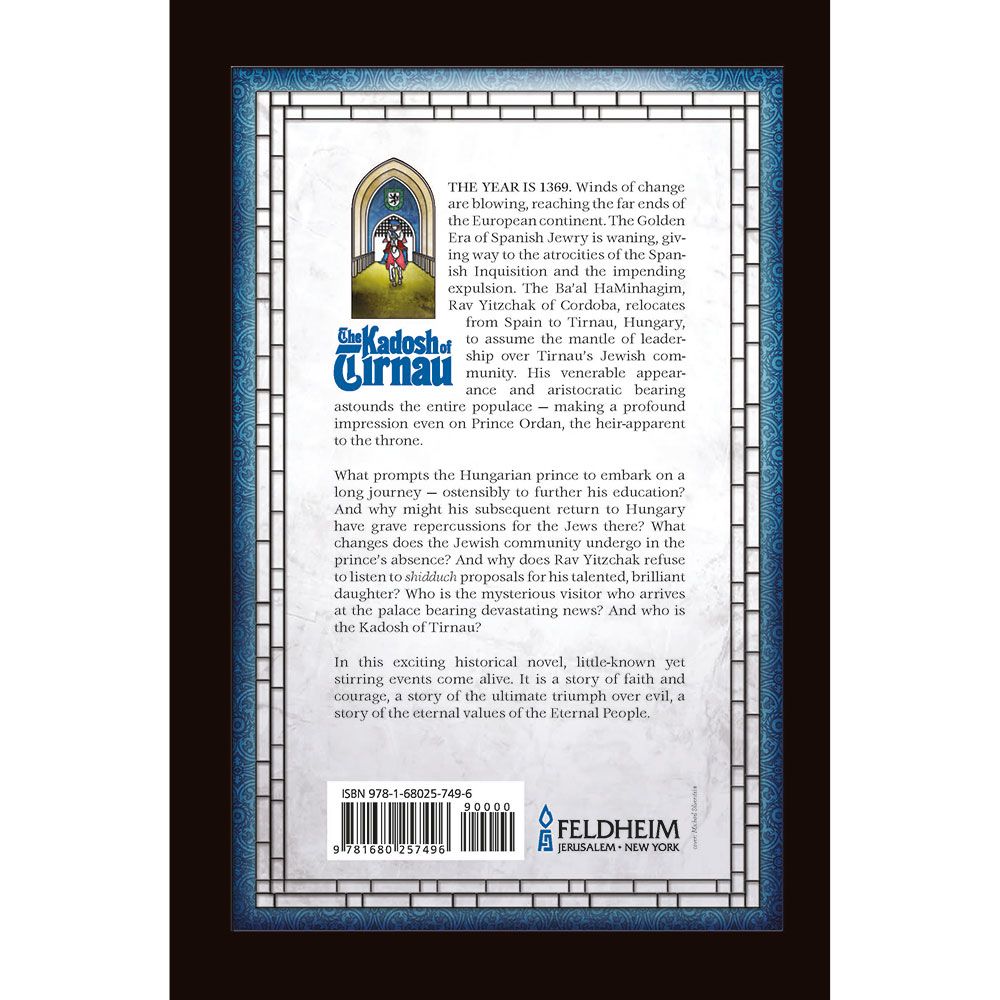 Back cover of The Kadosh of Tirnau by Shmuel Rothstein, with the summary and barcode
