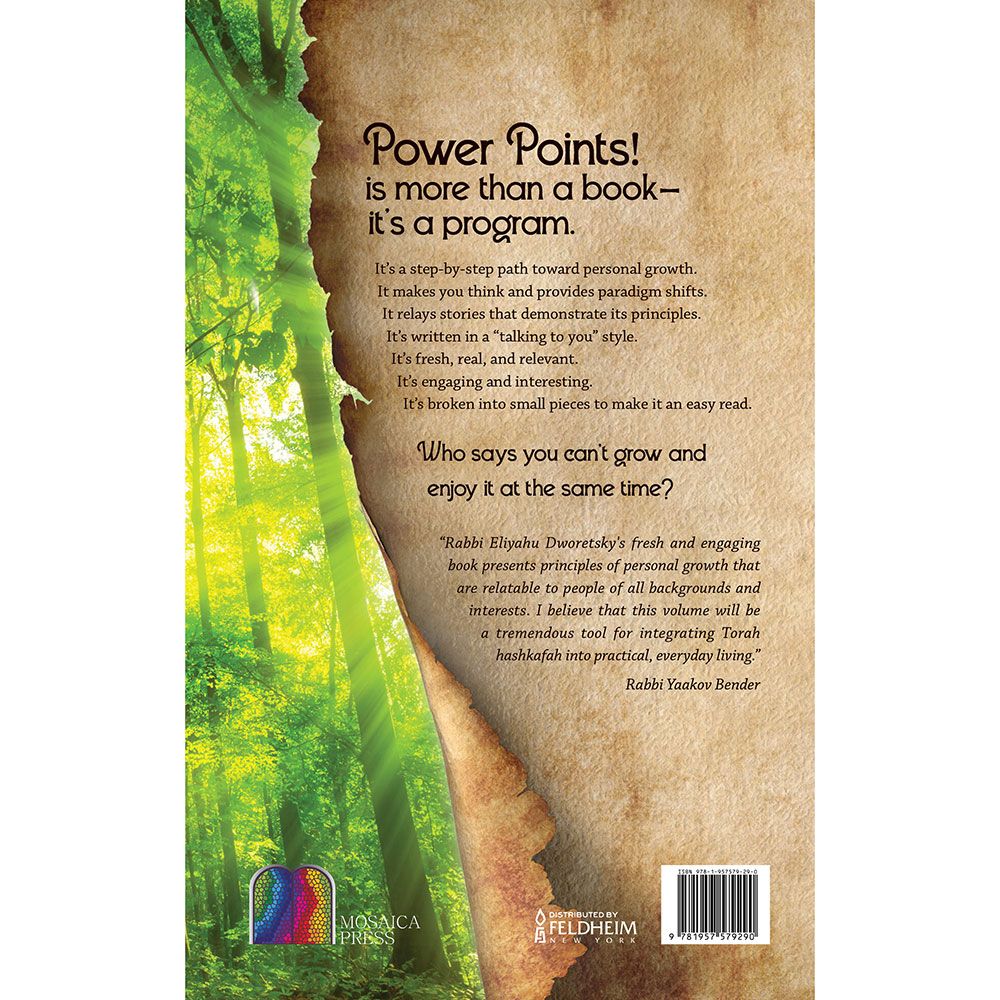 Back cover of Power Points: Powerful Principles in Personal Growth by Rabbi Eliyahu Dworetzky, with the summary and barcode