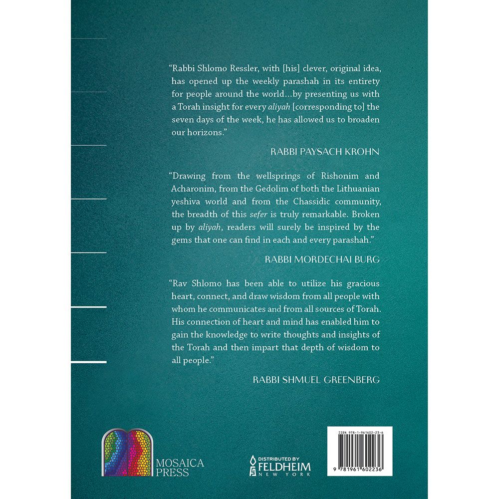 Back cover of The Daily Aliyah, 5 Volume Pocket Set by Shlomo Ressler, with the summary and barcode