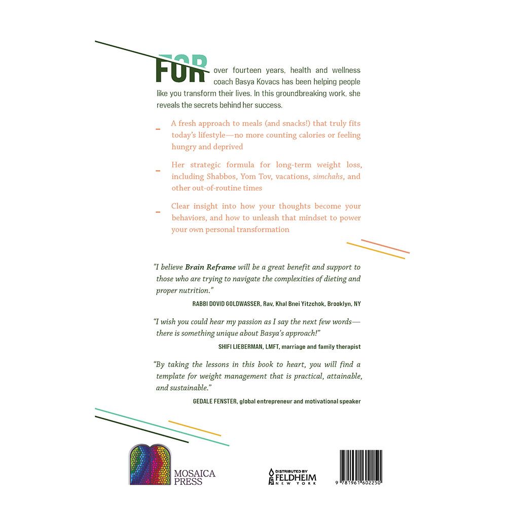 Back cover of Brain Reframe by Basya Kovacs, with the summary and barcode