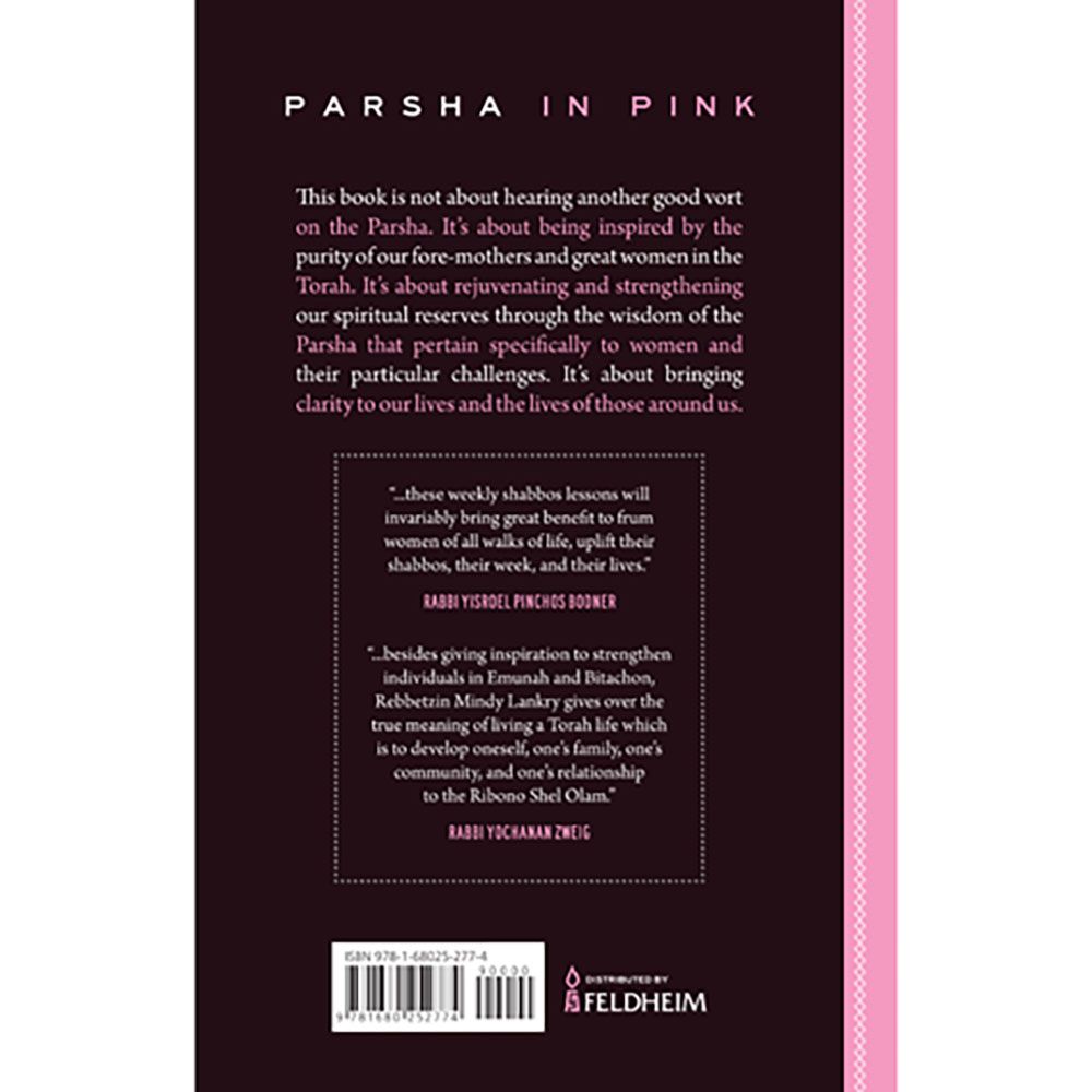 Back cover of Parsha in Pink by Rebbetzin Mindy Bodner-Lankry, with the summary and barcode