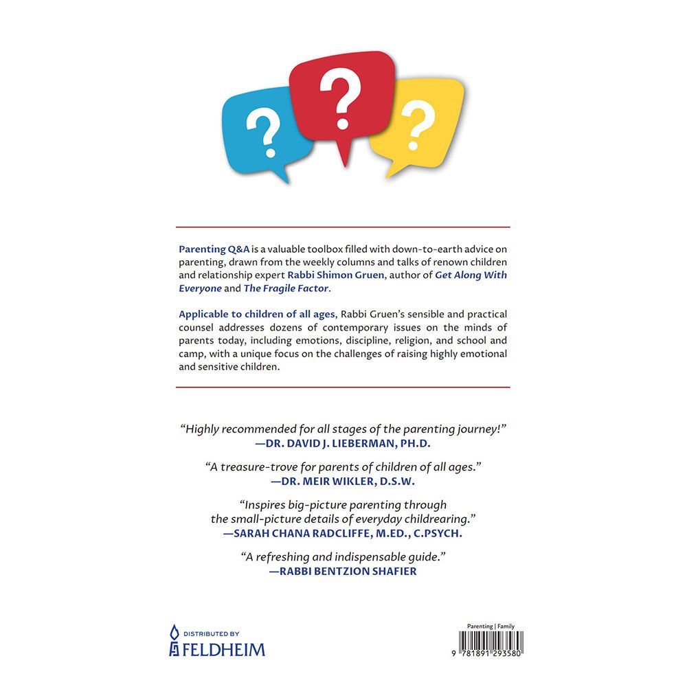 Back cover of Parenting Q&A with Rabbi Shimon Gruen by Zalman Goldstein, with the summary and barcode