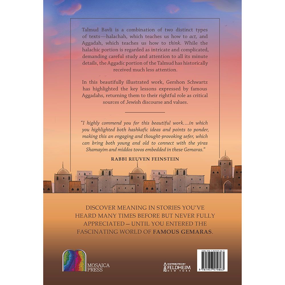 Back cover of Famous Gemaras by Rabbi Gershon Schwartz, with the summary and barcode