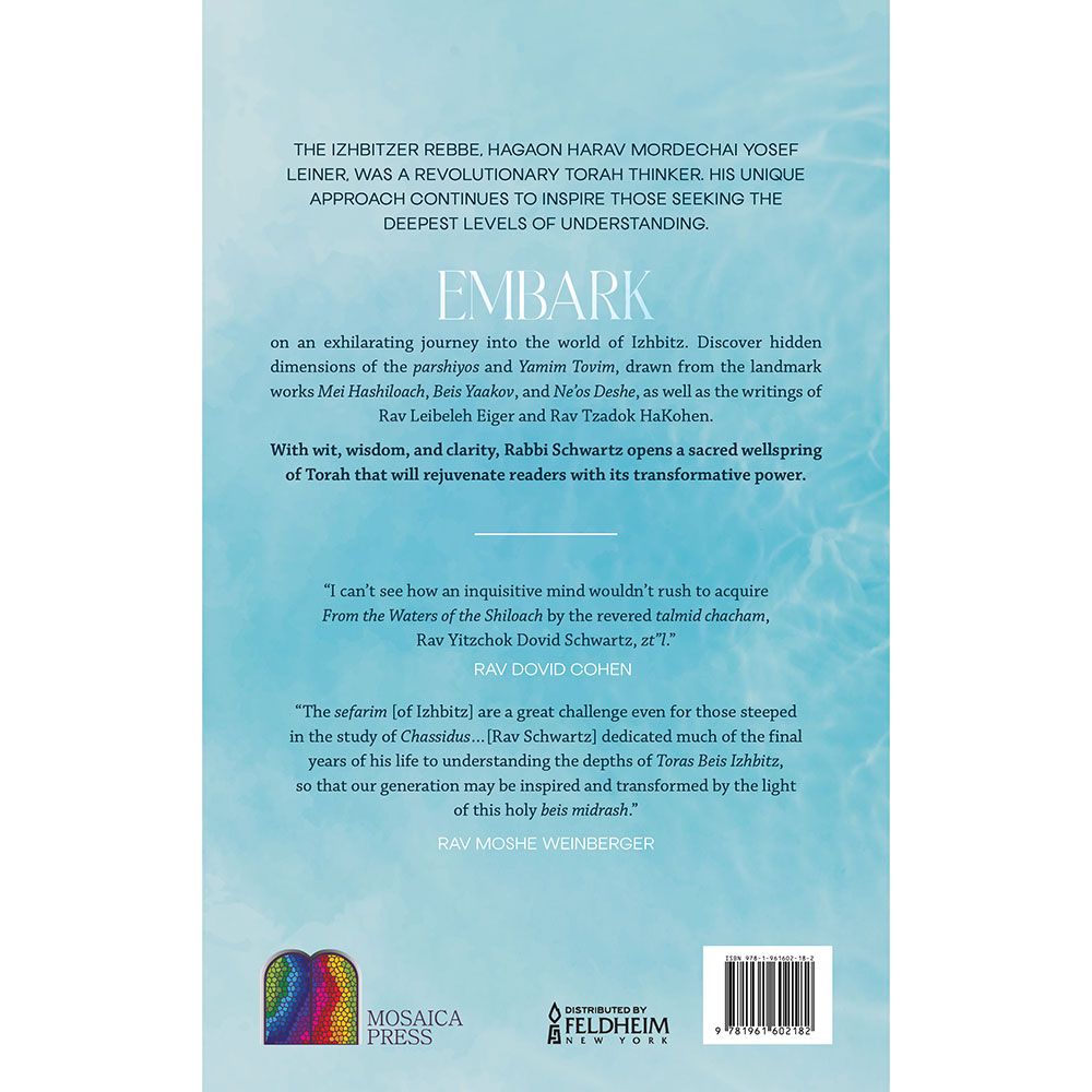 Back cover of From the Waters of the Shiloach by Rabbi Yitzchok Dovid Schwartz, with the summary and barcode