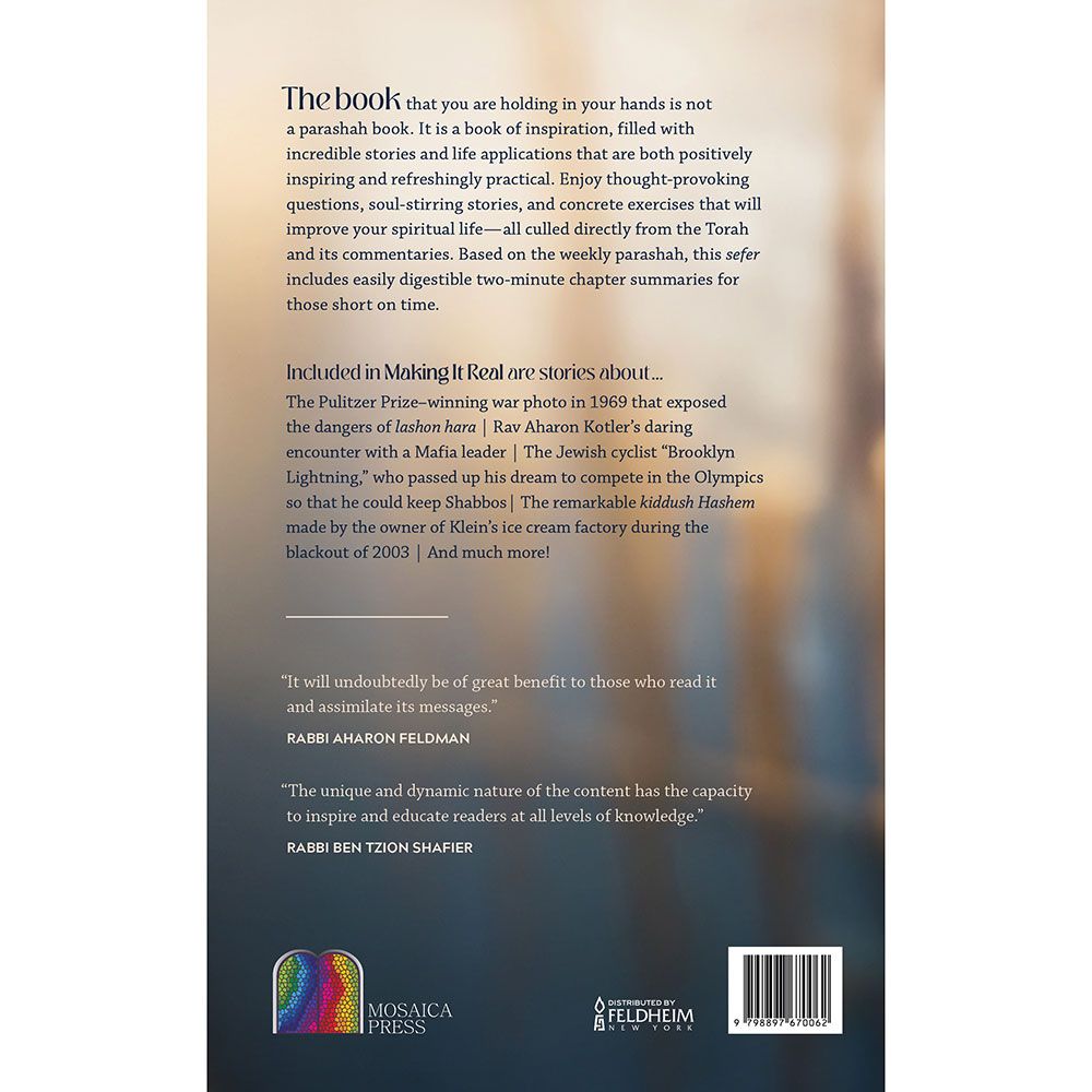 Back cover of Making It Real: Weaving Torah Wisdom into Daily Life by Rabbi Moshe Pruzansky, with the summary and barcode