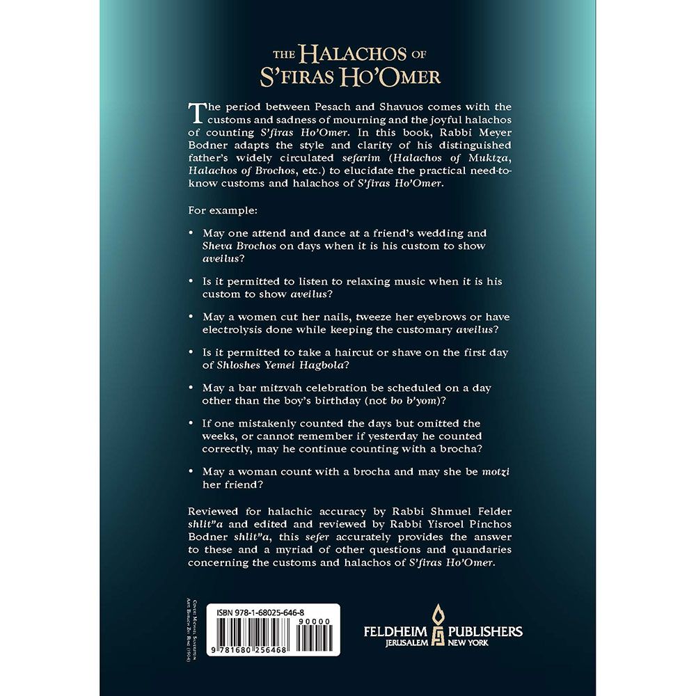 Back cover of The Halachos of S'firas Ho'Omer by Rabbi Meyer Tuvia Bodner, with the summary and barcode