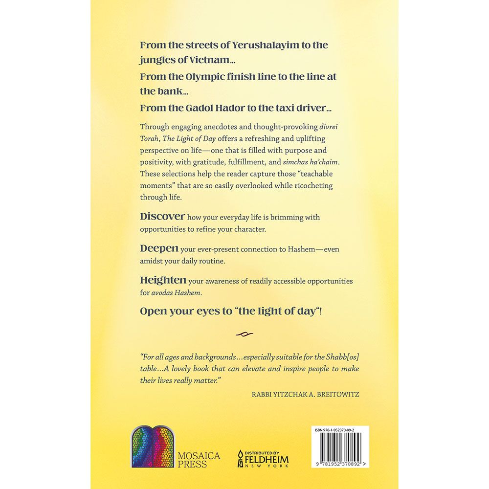 Back cover of The Light Of Day by Rebbi Yered Michoel Viders, with the summary and barcode