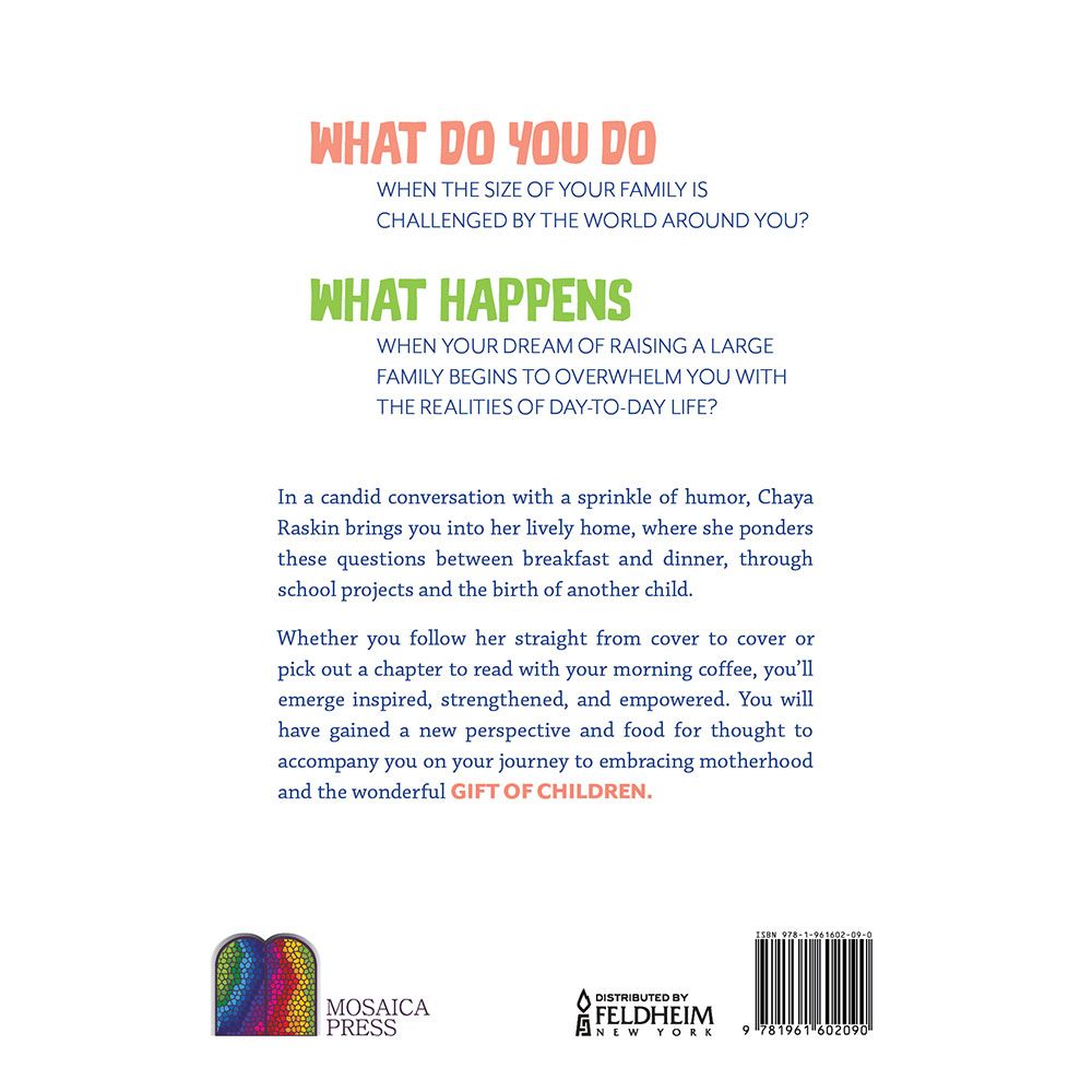 Back cover of The Gift of Children by Chaya Raskin, with the summary and barcode