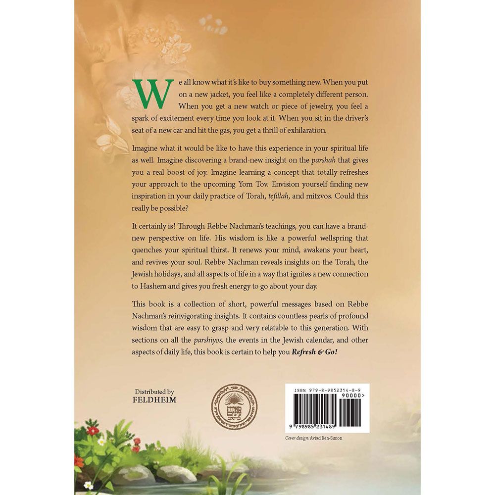 Back cover of Refresh & Go! by Rabbi Lev Moshe Leventer, with the summary and barcode