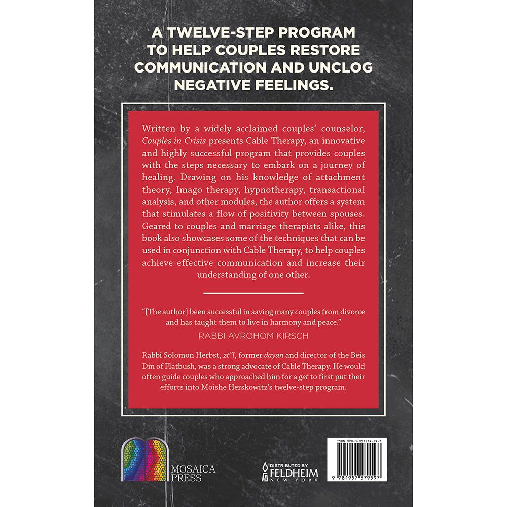 Back cover of Couples in Crisis by Moishe Herskowitz, MS, LCSW, CH, with the summary and barcode