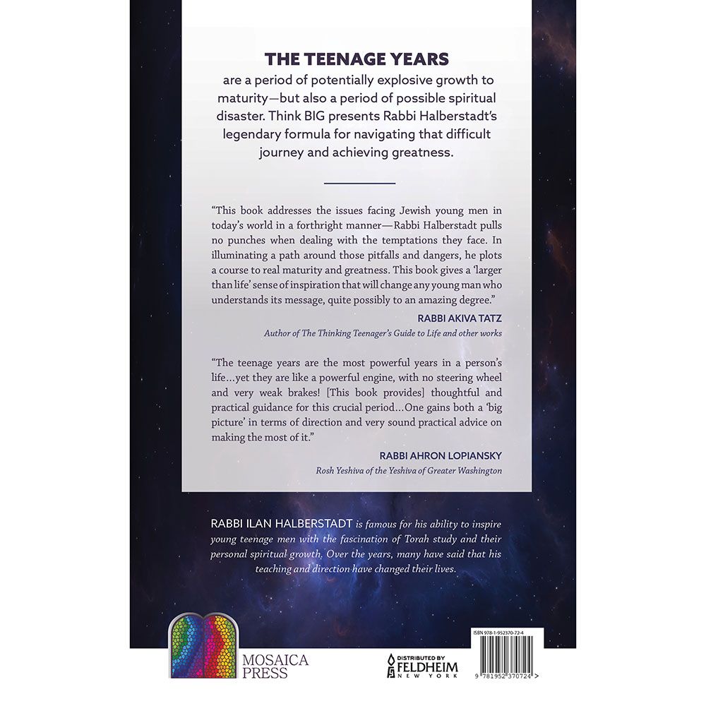 Back cover of Think Big by Rabbi Ilan Halberstadt, with the summary and barcode