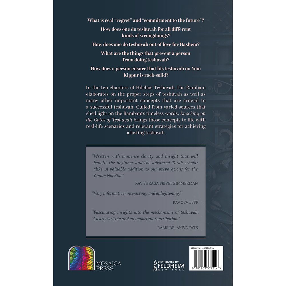 Back cover of Knocking On The Gates Of Teshuvah by Rabbi A. Levin, with the summary and barcode