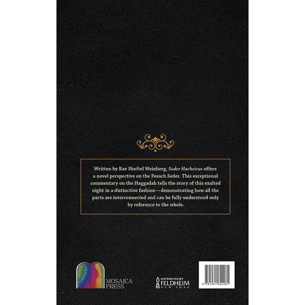 Back cover of Seder Hacheirus Haggadah by Rav Sheftel Weinberg, with the summary and barcode