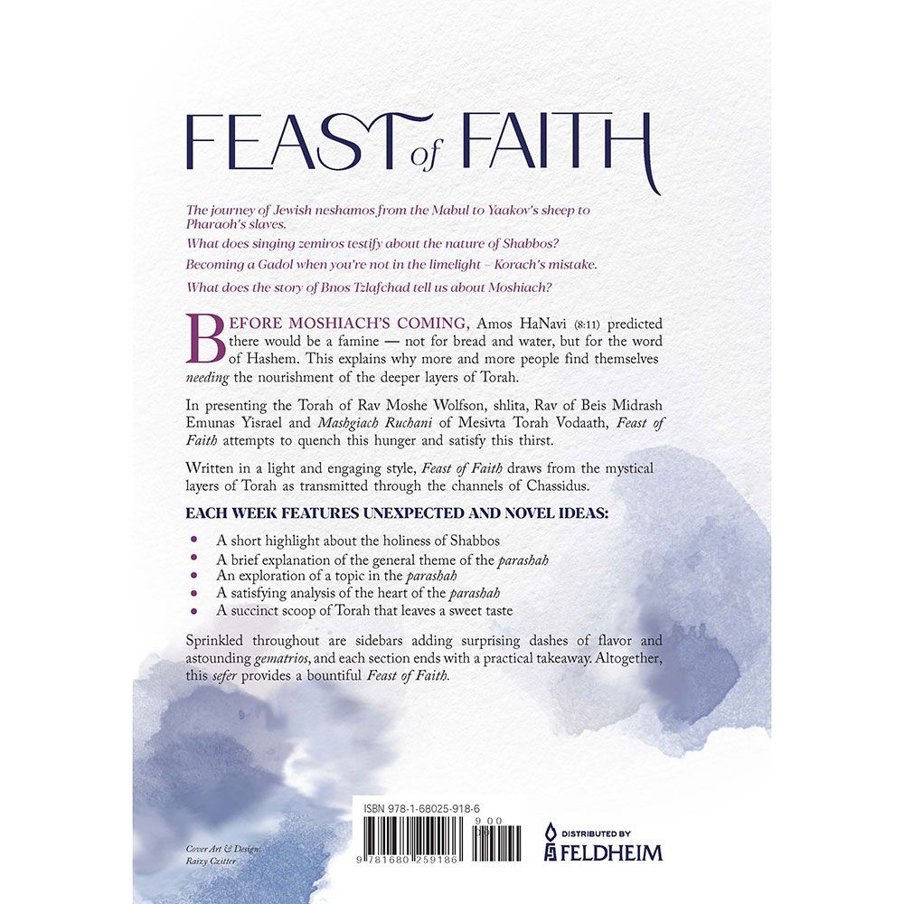 Back cover of Feast of Faith by Rabbi Moshe Wolfson, with the summary and barcode