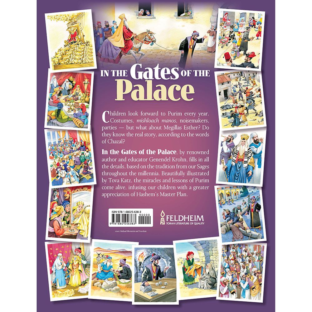 Back cover of In the Gates of the Palace: The Story of Purim According to Chazal, with the summary and barcode