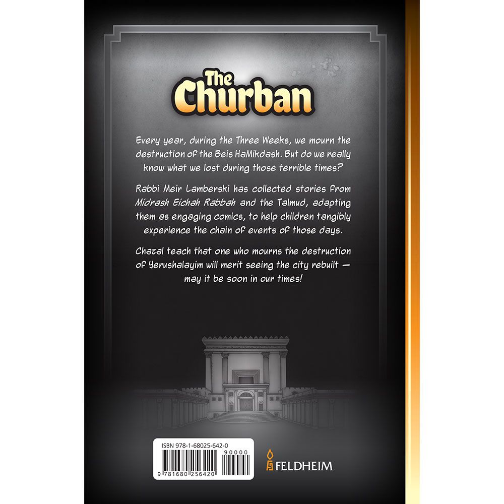 Back cover of The Churban: The Story of the Destruction of the Second Beis HaMikdash, with the summary and barcode