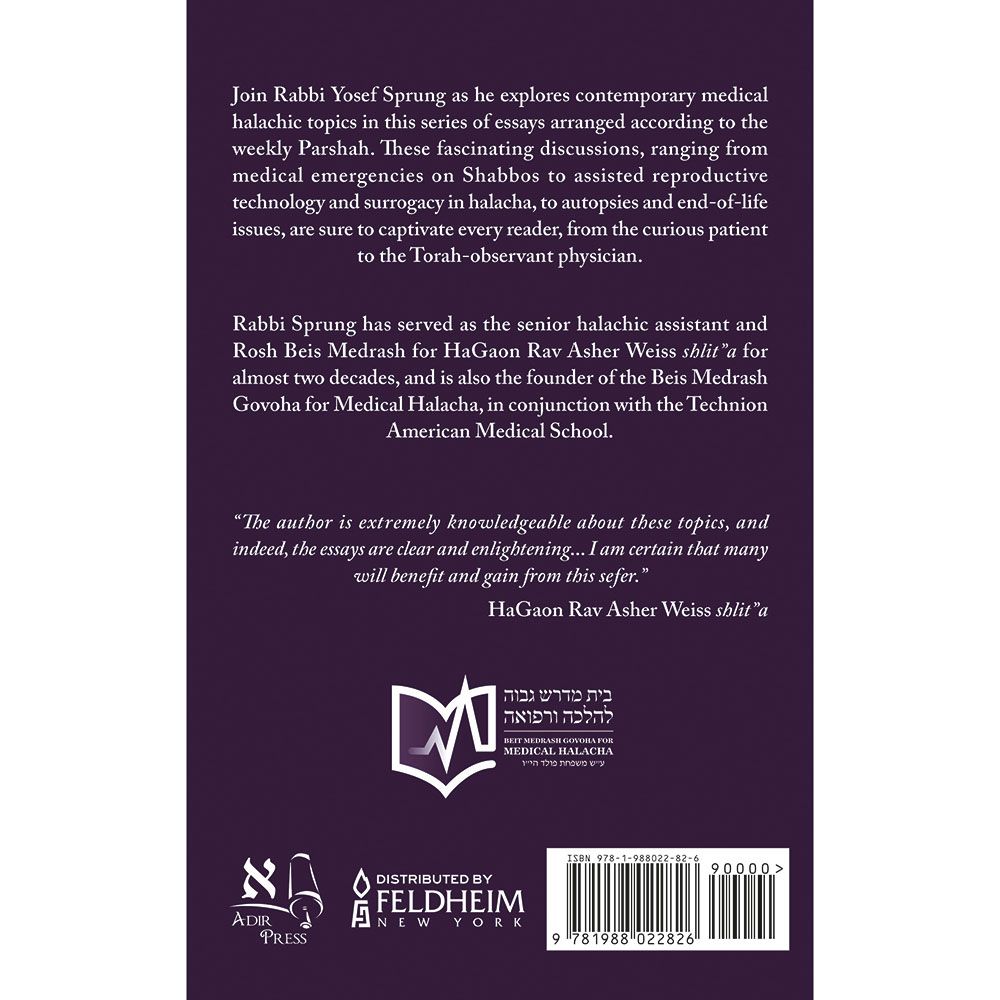 Back cover of Medical Halacha on the Parshah by Rabbi Yosef Sprung, with the summary and barcode
