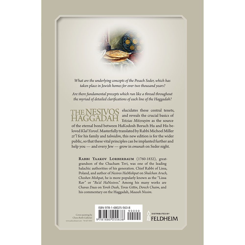 Back cover of The Nesivos Haggadah: Maaseh Nissim by Rabbi Michoel Miller, with the summary and barcode
