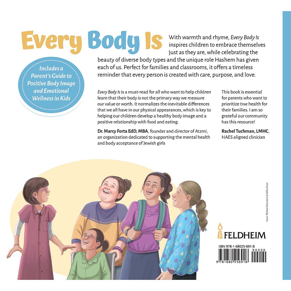 Back cover of Every Body Is by Chanie Kamman, with the summary and barcode