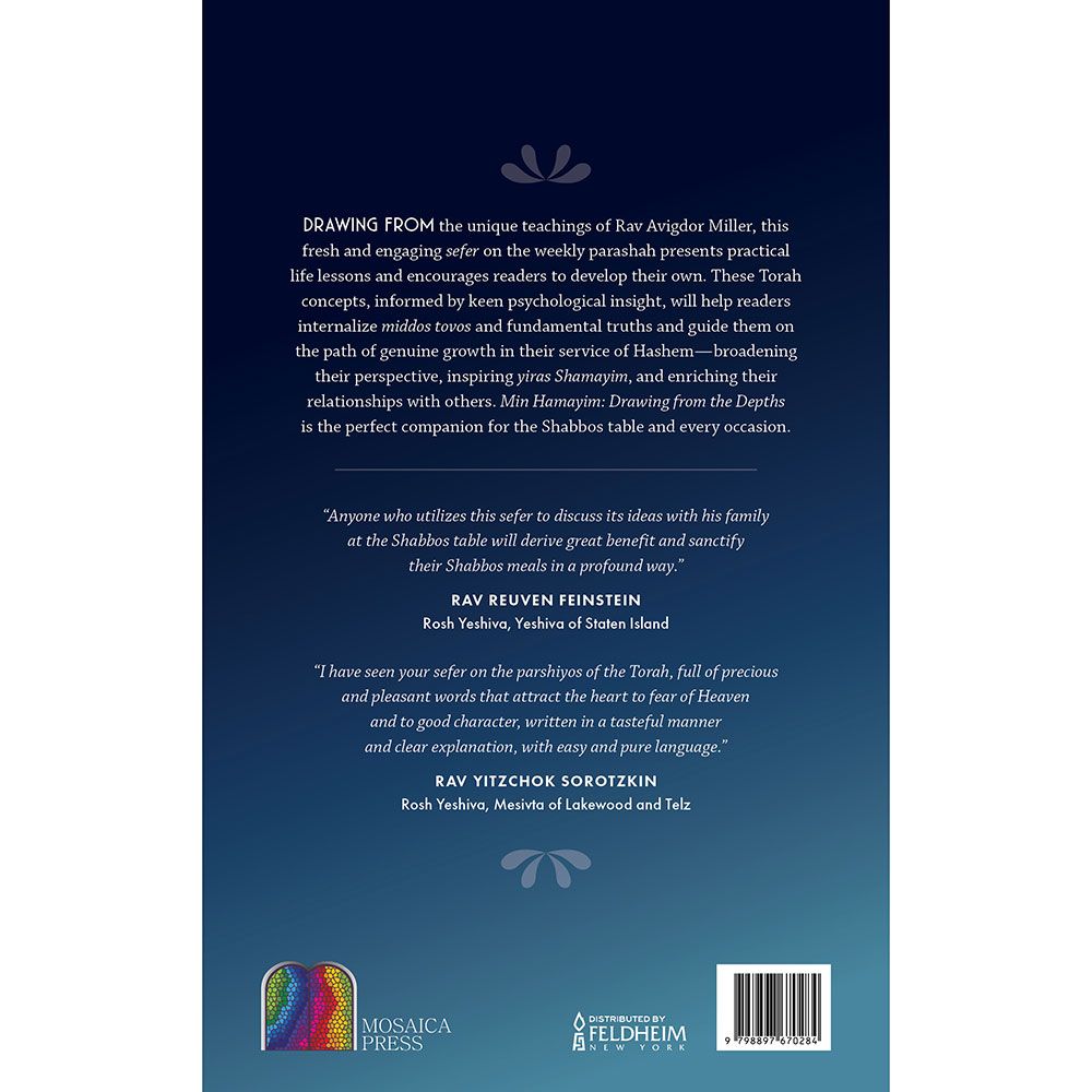 Back cover of Drawing from the Depths of the Parshiyos by Rabbi Moshe Kramer, with the summary and barcode