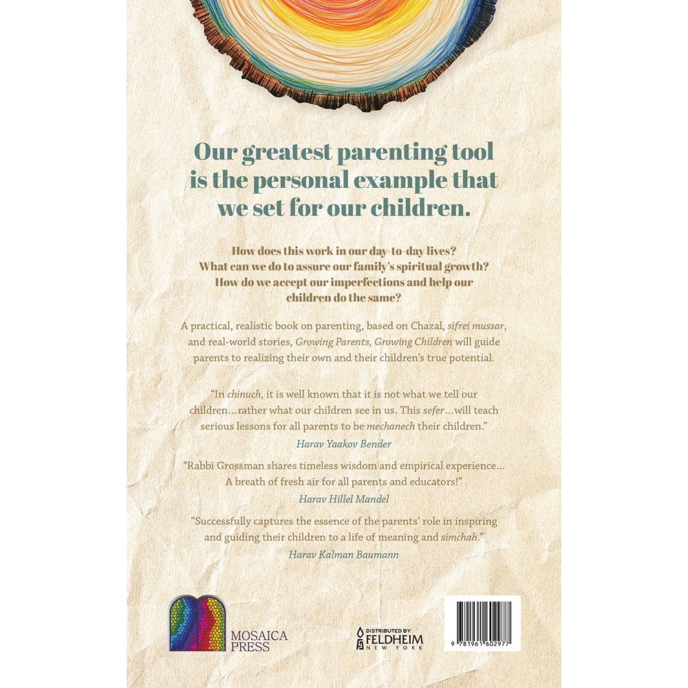 Back cover of Growing Parents, Growing Children by Rabbi Noam Grossman, with the summary and barcode