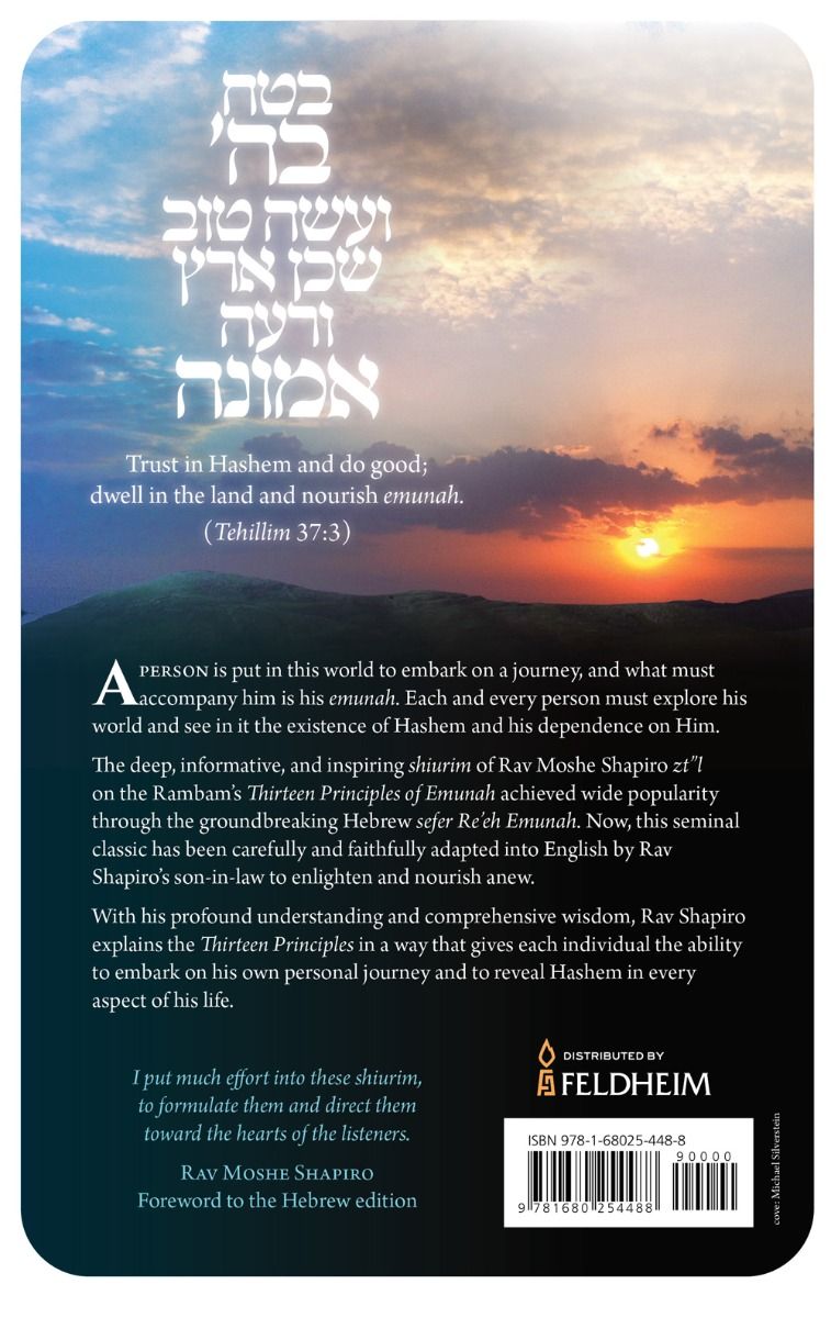 Back cover of Revel in Emunah by Rabbi Aryeh Feldman, with the summary and barcode