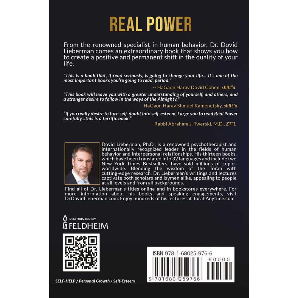 Back cover of Real Power, pocket size by Dovid Lieberman, PH.D, with the summary and barcode